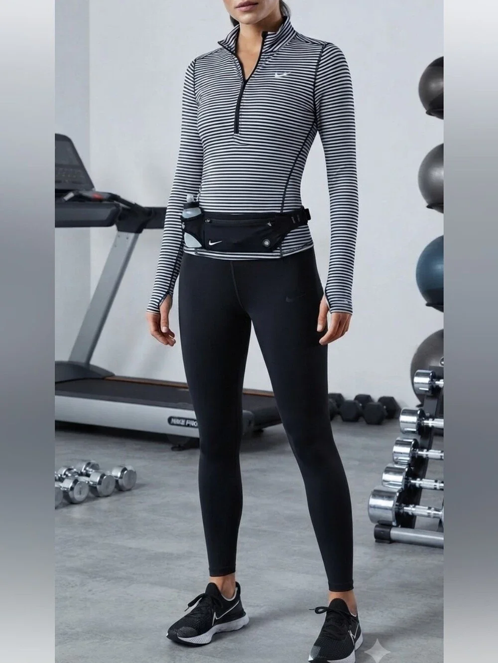 Nike Dri-FIT Black & White Striped Quarter-Zip Long Sleeve Top Activewear Medium